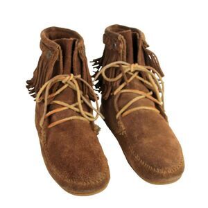 Minnetonka TAN BROWN GENUINE LEATHER SUEDE FLAT LACE ROUND TOE ANKLE BOOTS Sz 8